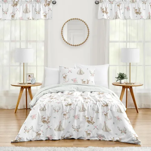 Sweet Jojo Designs Juego de edredón individual de 2 piezas (flores de ciervos del bosque) para niñas, niños, ropa de cama para niños, cama en una