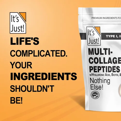 Miniatura 6 de It's Just! - Péptidos de colágeno múltiple (tipos I, II, III, V, X) con vitamina C, biotina, ácido hialurónico, sin sabor añadido, probado