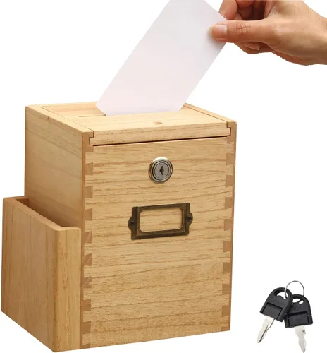 KIRIGEN Caja de sugerencias de madera con cerradura y 2 llaves, urna montada en la pared o encimera con bolsillo lateral para formularios, caja de