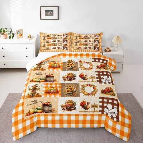 Miniatura 6 de Castle Fairy Juego de edredón de otoño con temática de Acción de Gracias, tamaño individual, juego de ropa de cama de calabaza, girasol, pavo