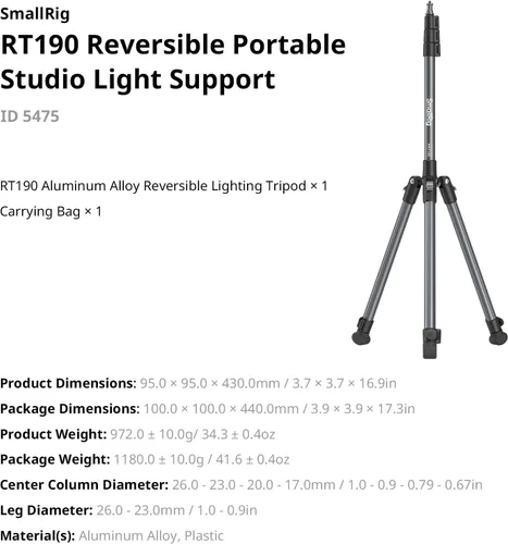 Miniatura 9 de SMALLRIG Soporte de luz ajustable para fotografía de 74.8 pulgadas/6.23 pies, carga máxima de 8.8 libras, soporte de trípode de iluminación compacto