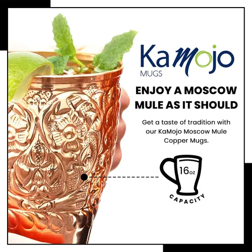 Miniatura 3 de Kamojo Moscow Mule Cups - Juego de 4 tazas de cobre Moscow Mule de primera calidad con diseño único en relieve y antideslustre, revestimiento