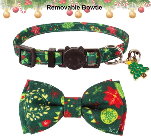 Miniatura 4 de ADOGGYGO Collar navideño para gato con campana de lazo, paquete de 2 collares de Navidad para gatito rojo y verde