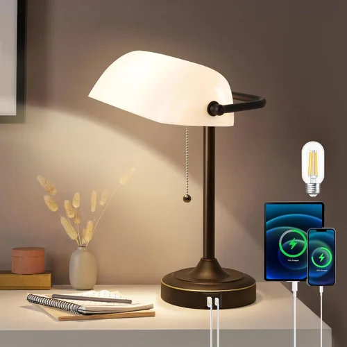 Lámpara de escritorio vintage, lámpara de banquero, pantalla de plástico, lámpara de mesa retro negra con puertos de carga USB y tipo C, lámpara