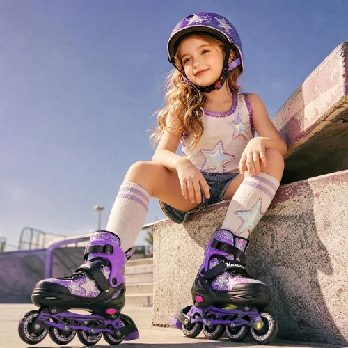 Miniatura 6 de Kuxuan Patines en línea ajustables para niños con ruedas iluminadas, divertidos patines iluminadores para niños, niñas y jóvenes Estrella morada