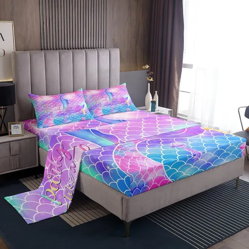Miniatura 36 de Juego de sábana bajera ajustable de teñido anudado para niñas, juego de ropa de cama con diseño de arco iris degradado de arcoíris, lindo juego