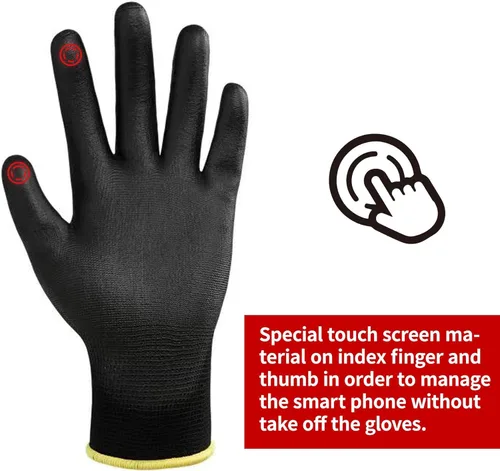 Miniatura 2 de DULFINE Guantes de trabajo de seguridad con revestimiento de poliuretano para hombres y mujeres - 12 pares, guante de punto sin costuras negro