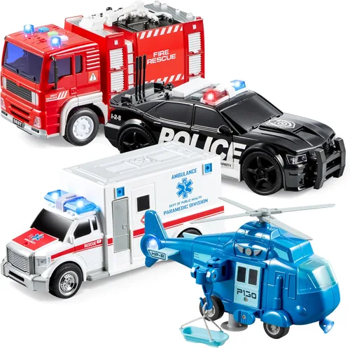 JOYIN 4 paquetes de juguetes de vehículos de emergencia, vehículos accionados por fricción con luz y sonido, incluyendo camión de bomberos,