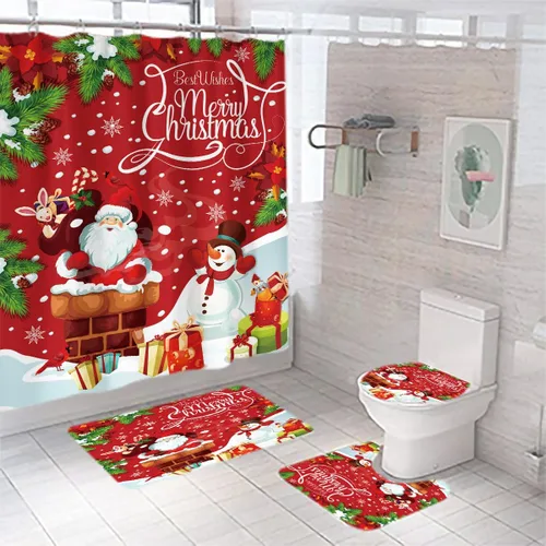 Miniatura 9 de Juego de 4 cortinas de ducha de Navidad para niños, decoración de Halloween y Navidad con 12 ganchos de cortina para baño, impermeable, 71 x 71