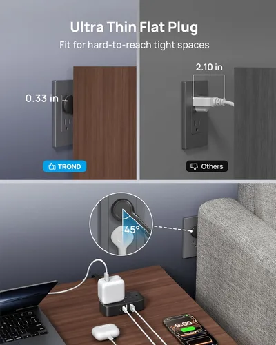 Miniatura 6 de TROND Regleta de alimentación de enchufe plano de 3 pies, cable de extensión plano pequeño con múltiples tomas, 4 puertos de CA y 4 puertos USB