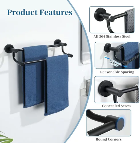Miniatura 3 de Alise Toallero doble, toallero de 16 pulgadas para baño, soporte de toalla de montaje en pared, toallero de secado rápido, toallero de acero Negro