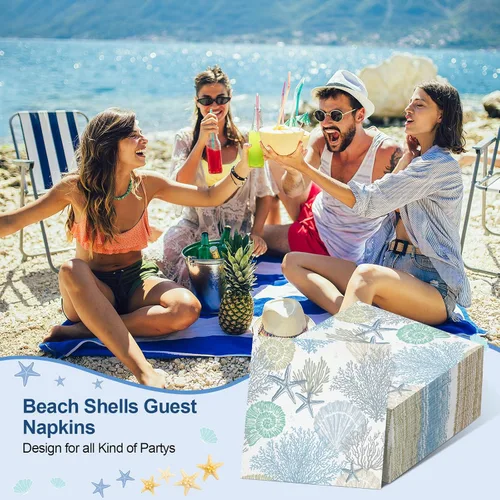 Miniatura 4 de Funrous 200 servilletas de papel costeras de 3 capas de servilletas de playa oceánica, conchas marinas, coral, toallas de papel náuticas