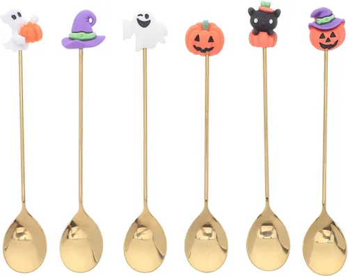 Miniatura 10 de UPKOCH Juego de 6 cucharas de calabaza de Halloween con forma de calabaza de acero inoxidable para café y postre de 4.9 pulgadas, utensilios