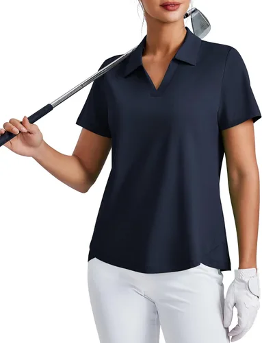 Miniatura 9 de PINSPARK Camiseta de golf para mujer, de manga corta, con protección UPF 50+, camiseta de tenis, cuello en V, para entrenamiento, ropa deportiva