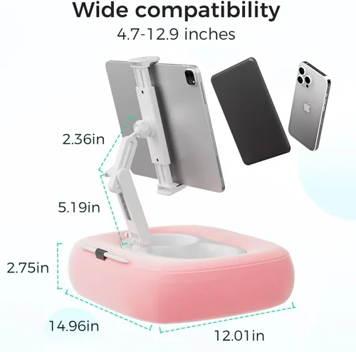 Miniatura 7 de Soporte de almohada para tableta, soporte ajustable para Kindle con 2 cuencos para aperitivos, soporte ajustable para iPad de 360° para cama