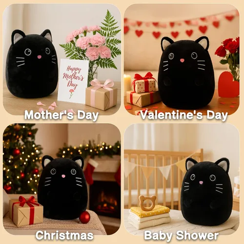 Miniatura 8 de WEIGEDU Gatito negro de peluche con ojos bordados para niño y niña, decoración de Halloween, cojín de almohada, sofá, regalos de inauguración
