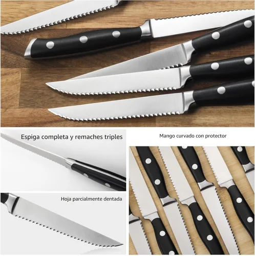 Miniatura 2 de Alata Juego de cuchillos para carne de 8 piezas, 4.7 pulgadas con borde dentado, cuchillos afilados para cena, construcción de espiga completa Negro