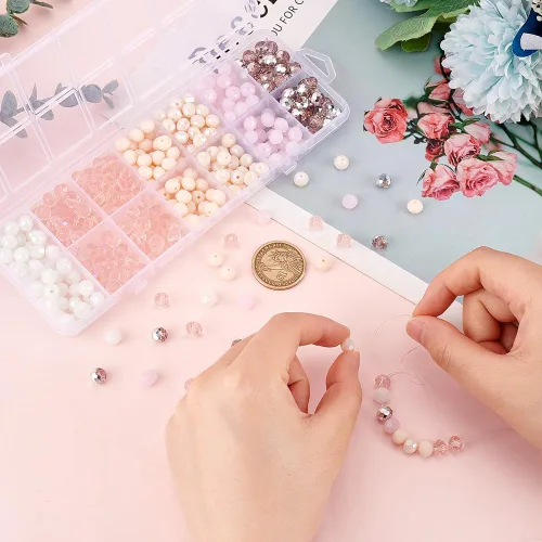 Miniatura 3 de PH PandaHall 350 cuentas de vidrio Rondelle facetadas, 7 colores, serie rosa, 0.316 x 0.236 pulgadas, agujero de 0.039 pulgadas para fabricación