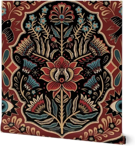 Spoonflower Papel tapiz para despegar y pegar - Maximalist Folk Damask Mystical Eye Vintage Oro Rojo Azul Folklore Gótico Flores Papel pintado