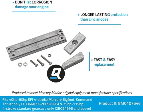 Miniatura 4 de Quicksilver 8M0107546 Kit de ánodo de aluminio para fuerabordas selectas Mercury 40-115 Hp
