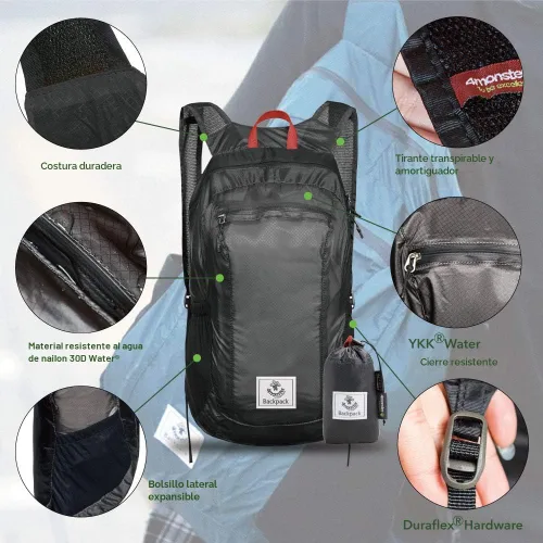 Miniatura 2 de Mochila 4Monster de excursionismo, de día, resistente al agua, ligera, plegable, para viajes, campamento, exteriores Gris