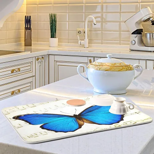 Miniatura 6 de Blue Butterfly Retro Musical Notes Dish Drying Mat, Reversible Coffee Mat, Quick Drying Dishes Draining Rack Pad for Kitchen Countertop Decor 18 x