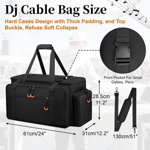 Miniatura 6 de Bolsa grande para cables de DJ con bolsillo para laptop y micrófono, bolsa de DJ para equipo y accesorios de música con divisores desmontables