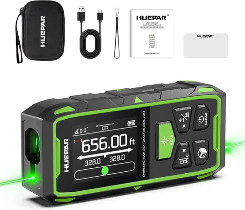 Huepar Herramienta de Medición Láser Dual, Medidor de Distancia Láser Digital Bilateral de 656 Pies con Haz Verde Medida en 6 Unidades Pies/pulg/M,