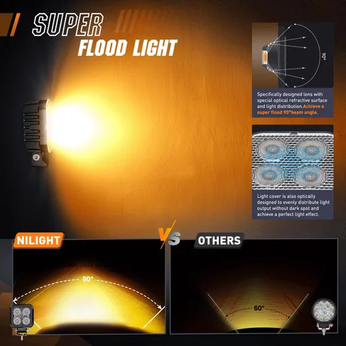 Miniatura 3 de Nilight 2 unidades de focos LED ámbar cuadrados de 3 pulgadas y 15W con EMC integrado, haz de luz de inundación para iluminación todoterreno, luz