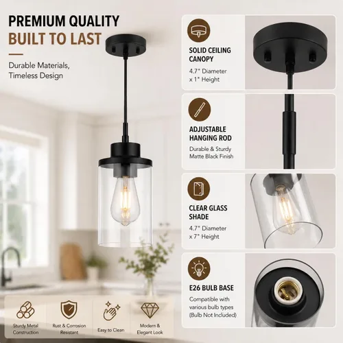 Miniatura 3 de Moderna Lámpara Colgante de Granja Negra de Vidrio Transparente Cilíndrico, Iluminación Colgante de Metal Industrial Mini para Isla de Cocina, Mesa