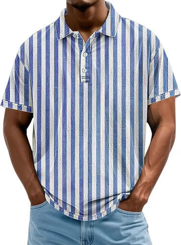 Camisa polo a rayas verticales para hombre, camiseta de verano con bloque de color, talla grande, cuello en V, manga corta, cuello vintage
