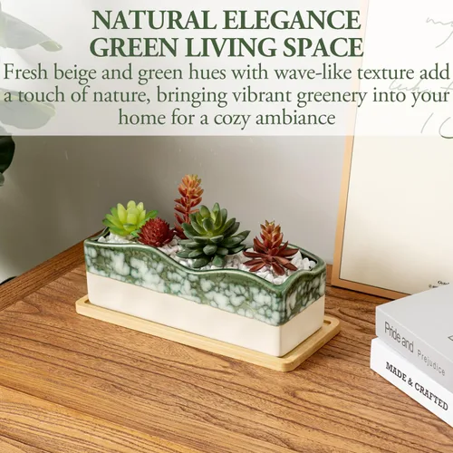Miniatura 2 de MyGift Maceta rectangular para suculentas - Maceta decorativa de cerámica beige y verde glaseada con bandeja de bambú extraíble