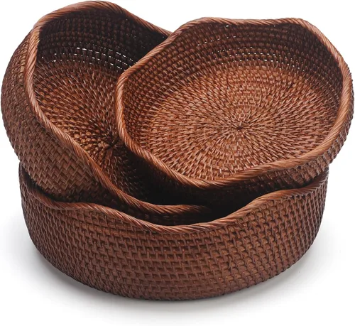 Miniatura 8 de YANGQIHOME Cesta de pan de ratán, cestas de frutas redondas, cuencos de almacenamiento de mimbre, cuencos de cesta de servicio tejida natural