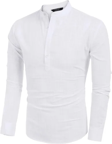 Miniatura 2 de COOFANDY - Camisas de lino y algodón con cuello Henley de manga larga estilo hippie informal camisas de playa