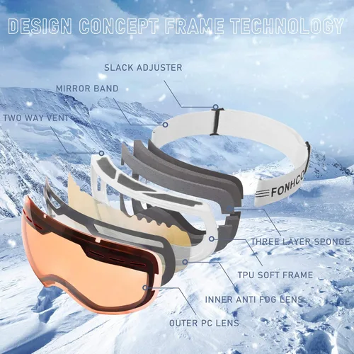 Miniatura 4 de FONHCOO Gafas de esquí para hombres y mujeres, antivaho OTG gafas de snowboard con lente desmontable para esquí, patinaje, protección UV Rosa Vlt
