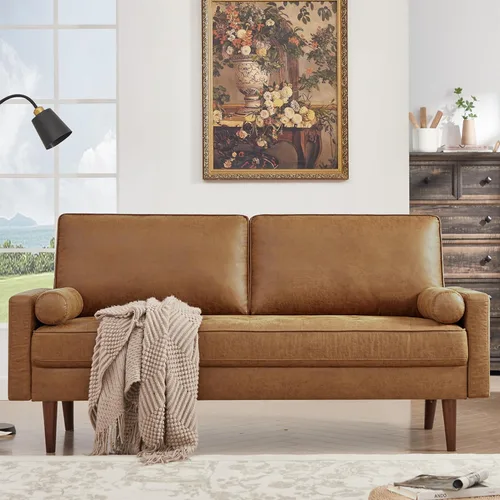 HIFIT - Sofá de 68" de piel sintética, sofá de estilo moderno de mediados de siglo con asiento profundo tipo tufted, 2 almohadas y estructura de