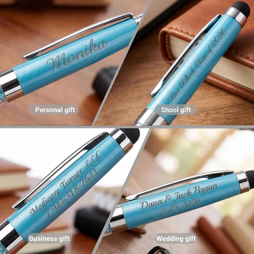 Miniatura 3 de Ancolo Bolígrafos personalizados, punta de lápiz capacitivo, cristal azul, bolígrafos personales personalizados, juego de escritura escolar, Azul