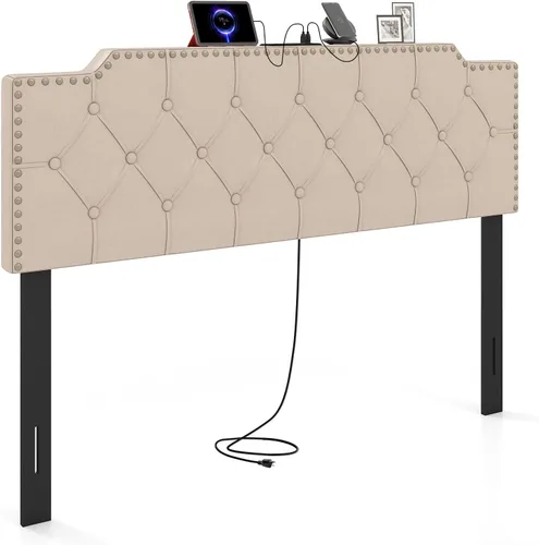 Miniatura 23 de Giantex Cabecero tapizado de lino para marco de cama Full y Queen, cabecero capitonado con botones de ancho ajustable solamente con patas de madera