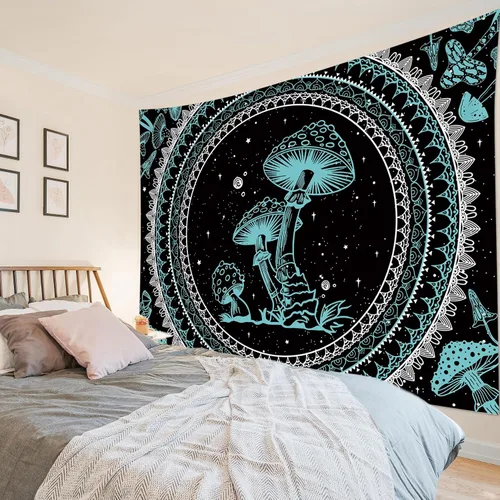 Miniatura 24 de SCECALA Tapiz bohemio de hongos, mandala blanco y negro para colgar en la pared para dormitorio, decoración bohemia del hogar, 60 x 40 pulgadas