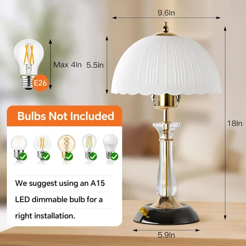 Miniatura 4 de Lámpara de mesa de cristal, lámpara de noche regulable con interruptor de encendido/apagado, modernas lámparas de vidrio para mesitas de noche