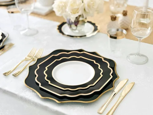 Miniatura 2 de Ocassions - Vajilla de 50-150-200 piezas para 25 invitados, color dorado E. Imperial Negro y Oro