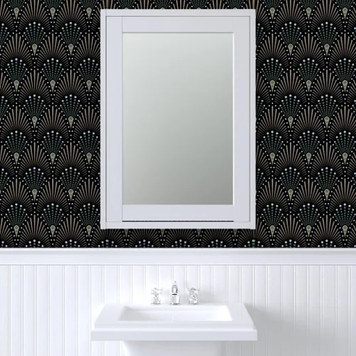 Miniatura 9 de Muestras de papel tapiz para despegar y pegar, ventilador Art Deco negro, verde, marrón, dorado, geométrico, puntos geométricos, papel tapiz