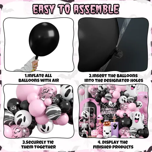 Miniatura 3 de Kit de guirnalda de arco de globos de Halloween, globos negros y rosados, globos de murciélago de aluminio fantasma para la familia, fondo de fiesta