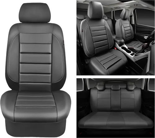 Miniatura 6 de CAR PASS Juego completo de fundas de asiento de cuero, universal, resistentes al agua, soporte de respaldo de espuma 3D, comodidad de lujo, 5 Gris