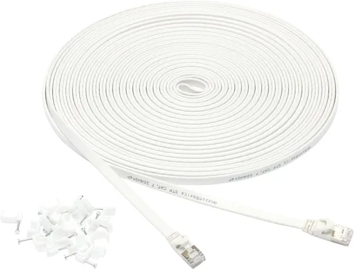 Miniatura 6 de Amazon Basics Cable de conexión Ethernet RJ45 Cat 7, plano, 600 MHz, sin enganches, incluye 15 clavos, 30 pies, color blanco