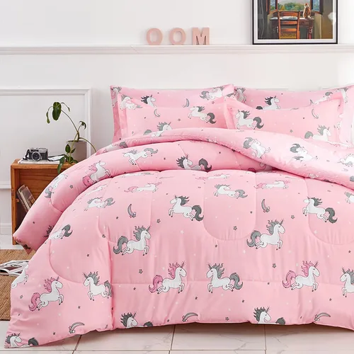 Miniatura 2 de Uozzi Bedding Bed in a Bag - Juego de edredón reversible de 7 piezas, tamaño Queen, color rosa unicornio con estrella arcoíris, microfibra suave