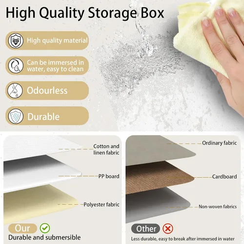 Miniatura 8 de Yawinhe Cestas de almacenamiento de tela, organizador plegable de armario para estantes, cajas grandes con 3 asas, contenedores de lona para ropa