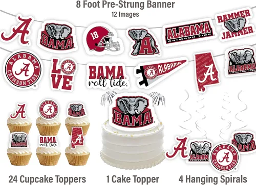 Miniatura 4 de Suministros de fiesta de la Universidad de Alabama para fútbol de Bama, regalo de cumpleaños Roll Tide, pancarta de fiesta de graduación de UA