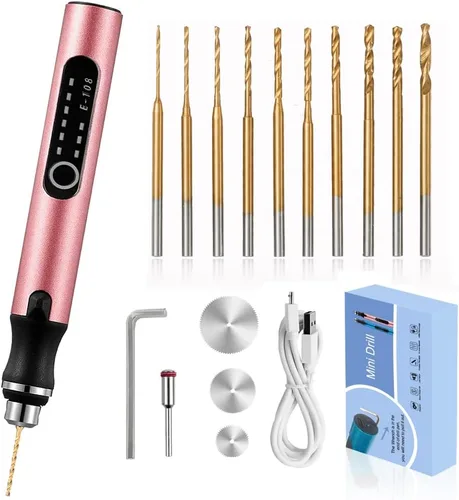 Miniatura 8 de Mini taladro inalámbrico de 3 velocidades con 8 brocas pequeñas, taladro eléctrico de mano recargable con mordaza, juego de brocas de resina