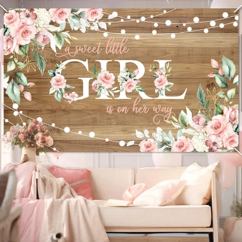 Miniatura 7 de Avezano Cartel rústico para baby shower con texto en inglés "A Sweet Little Girl is on Her Way", decoración de fiesta de baby shower, pancarta